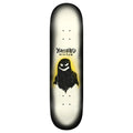 Skateboard deck with a black and yellow graphic design on a white background
