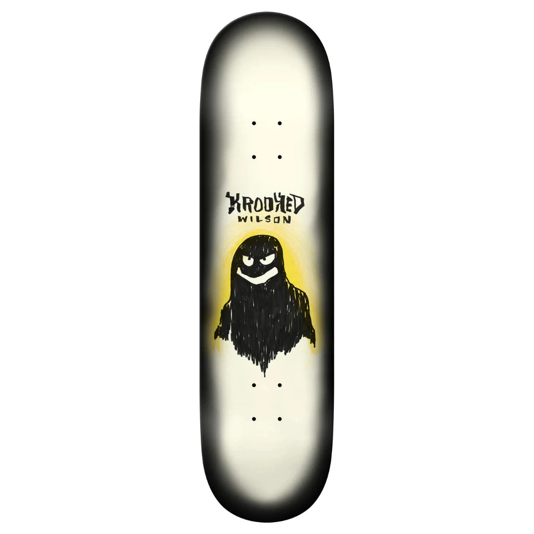 Skateboard deck with a black and yellow graphic design on a white background