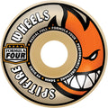 Spitfire Formula Four skateboard wheel with flames and text on a beige background