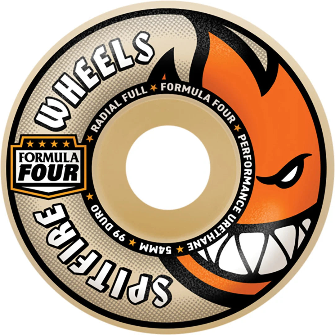 Spitfire Formula Four skateboard wheel with flames and text on a beige background