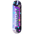 Colorful skateboard deck with space-themed design on a white background