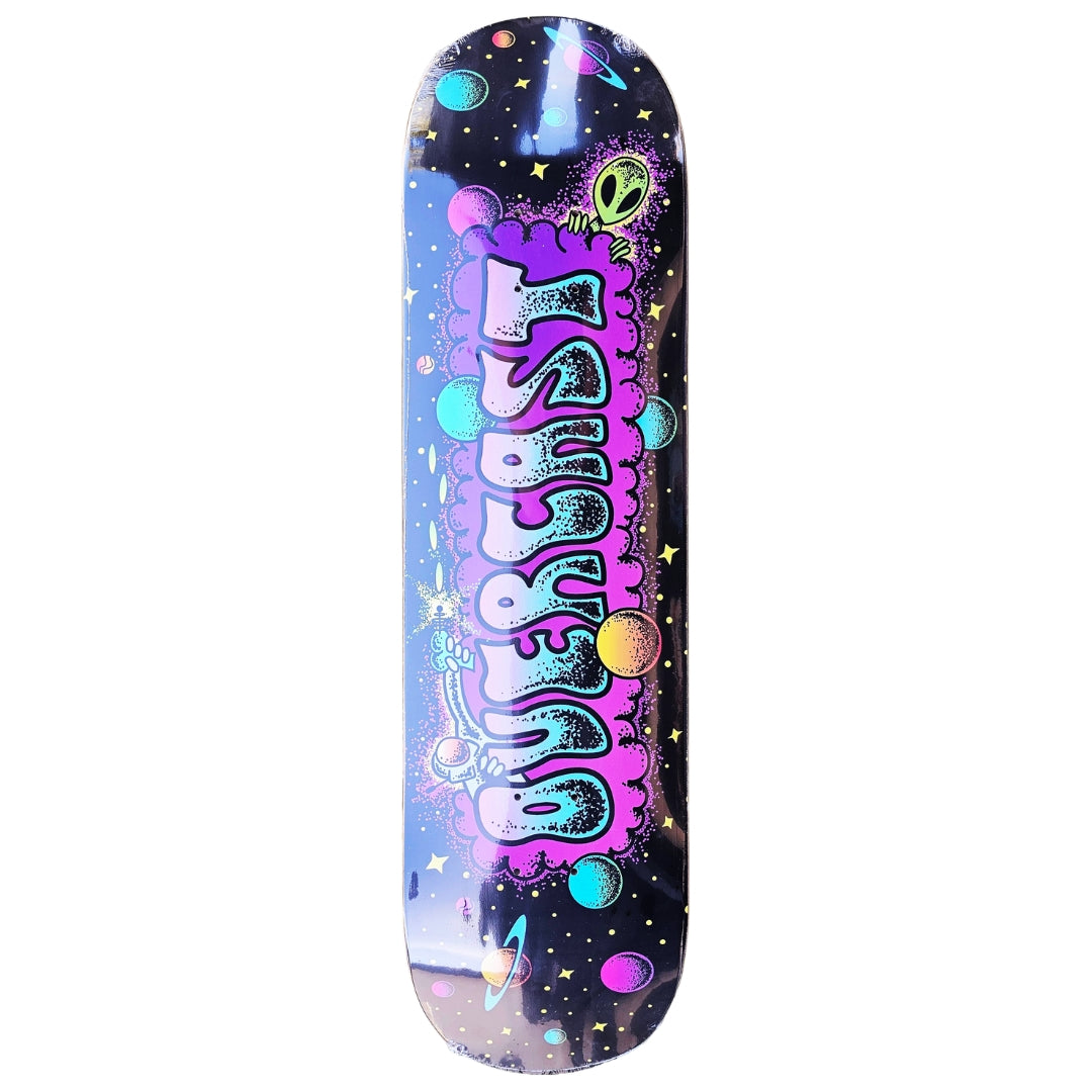 Colorful skateboard deck with space-themed design on a white background