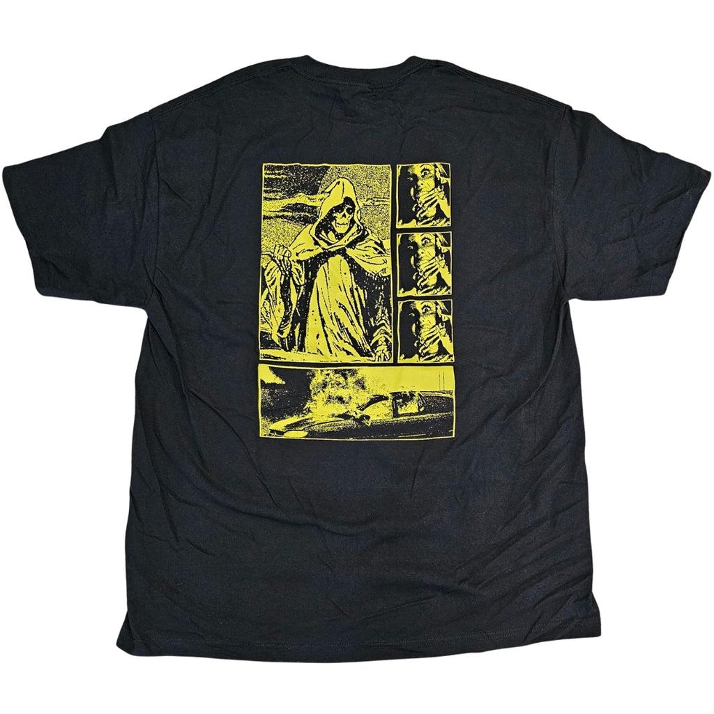 Black t-shirt with yellow graphic design on a white background