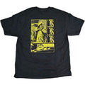 Black t-shirt with yellow graphic design on a white background
