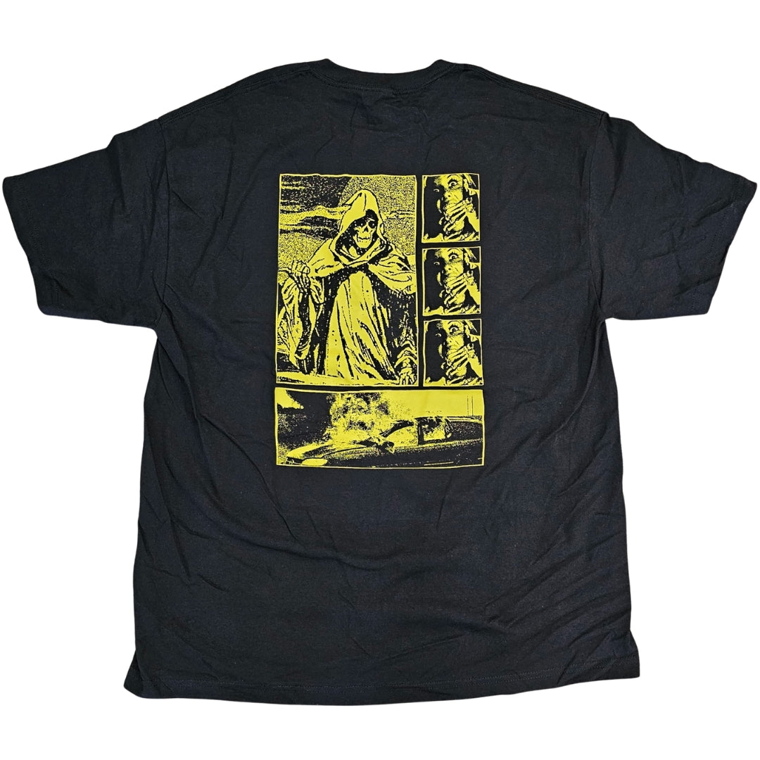 Black t-shirt with yellow graphic design on a white background