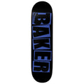 Black skateboard deck with blue 'BAKER' logo on a white background