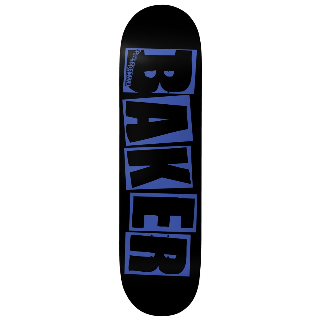 Black skateboard deck with blue 'BAKER' logo on a white background