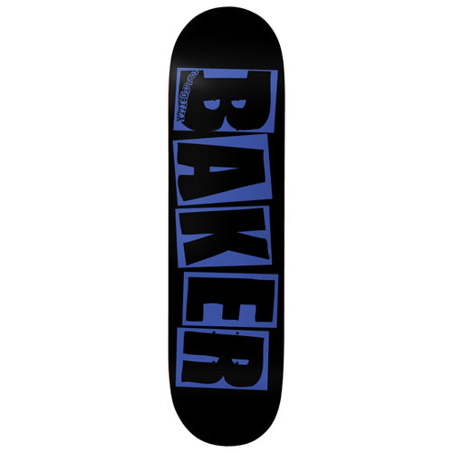 Black skateboard deck with blue 'BAKER' logo on a white background