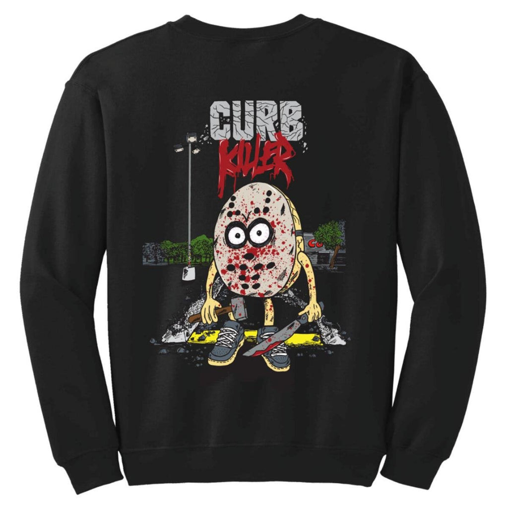 Black sweatshirt with a graphic design of a character holding a knife and 'Curb Killer' text on a white background.
