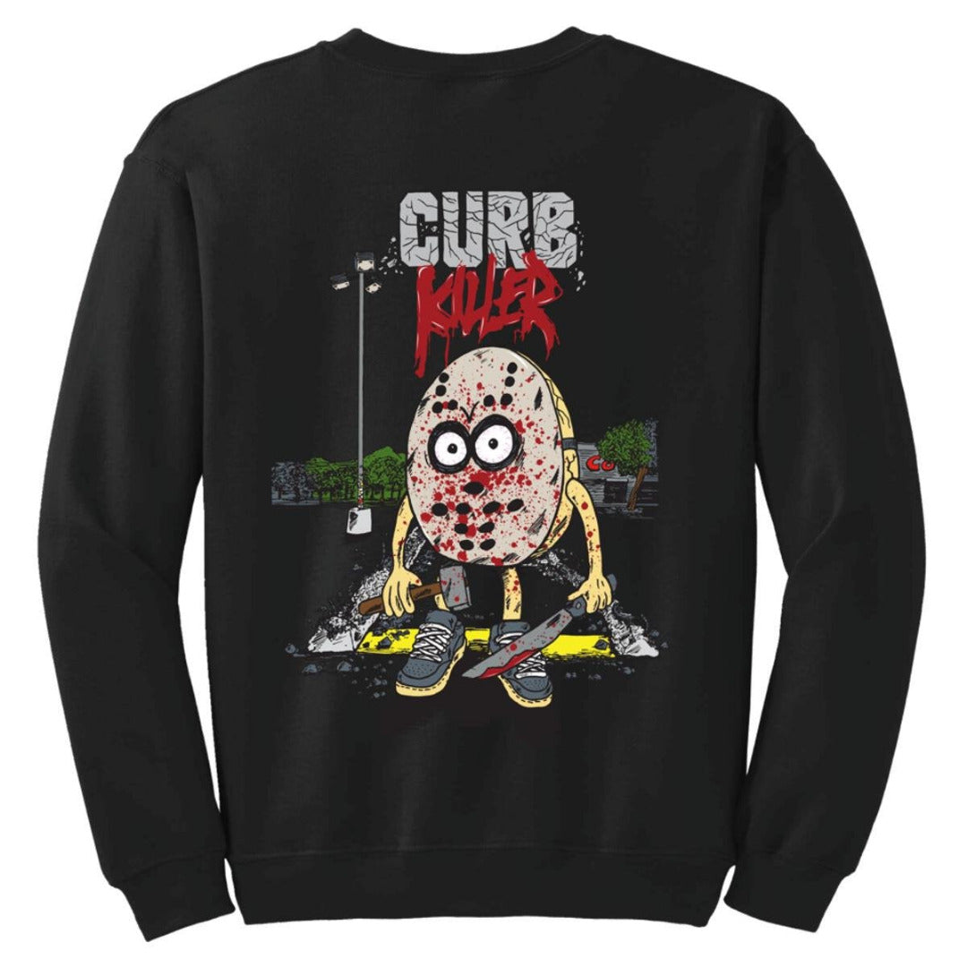 Black sweatshirt with a graphic design of a character holding a knife and 'Curb Killer' text on a white background.
