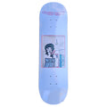 Skateboard deck with a graphic design of a woman and the brand 'Overcast' on a light blue background.