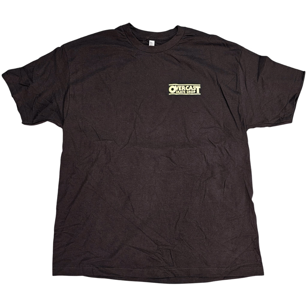 Black t-shirt with a logo on the chest against a white background