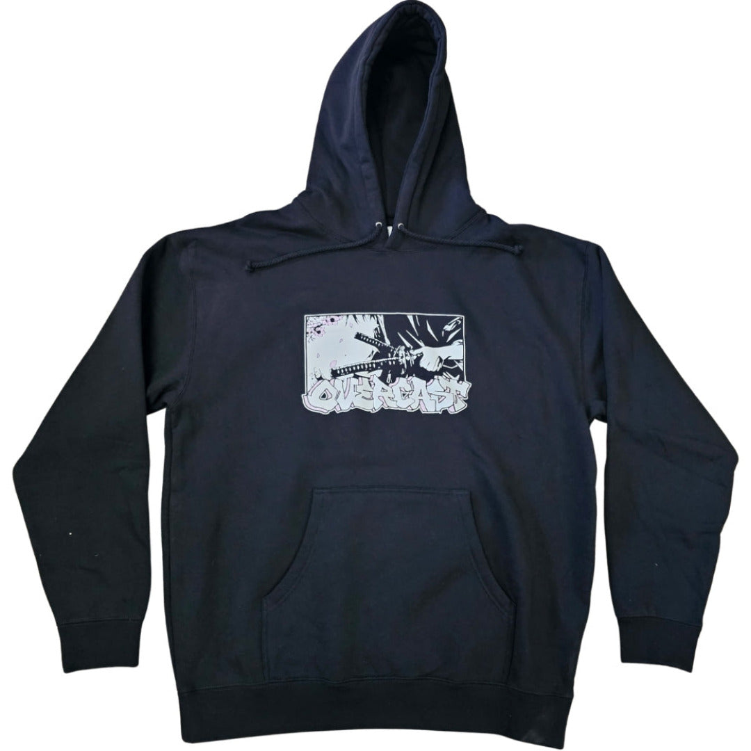 Black hoodie with a white graphic design on a white background