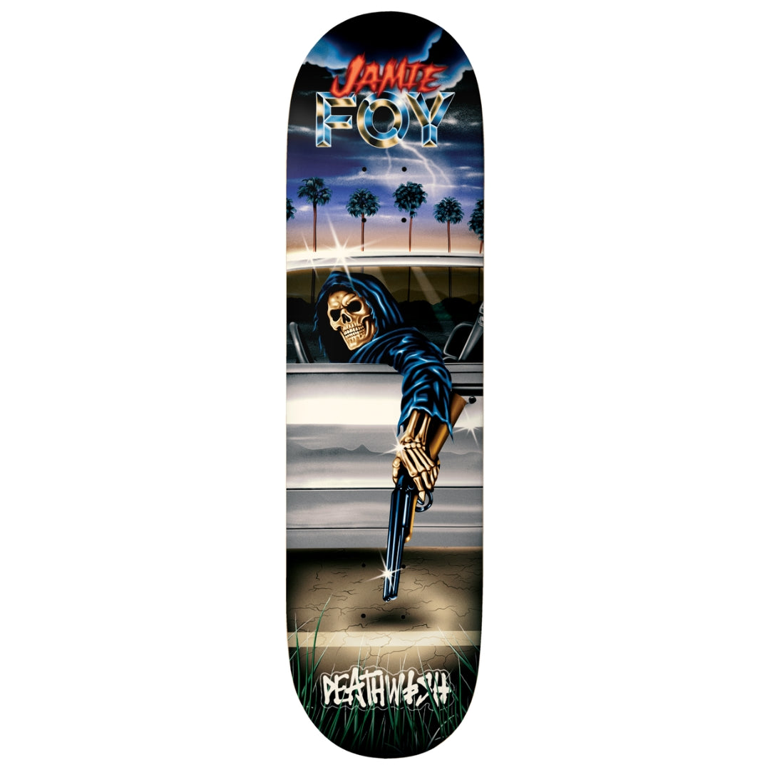 Skateboard deck with a skeleton in a car and 'Lamie Foy' branding on a white background