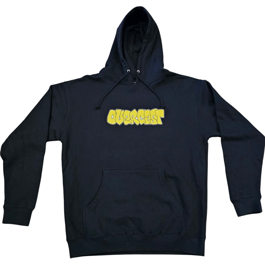 Black hoodie with yellow text on a white background