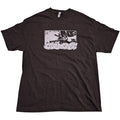 Black t-shirt with a graphic design on a white background