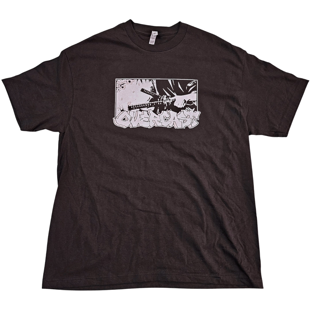Black t-shirt with a graphic design on a white background