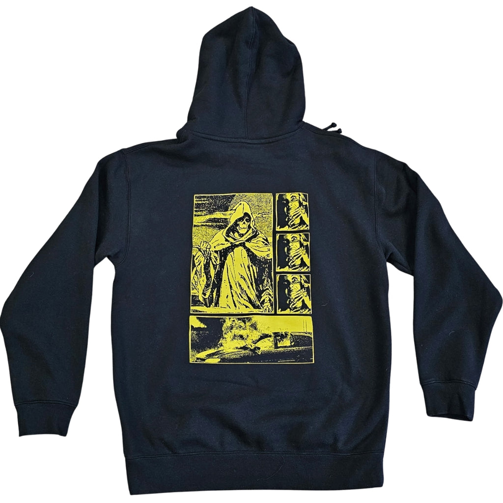 Black hoodie with yellow graphic design on the back against a white background