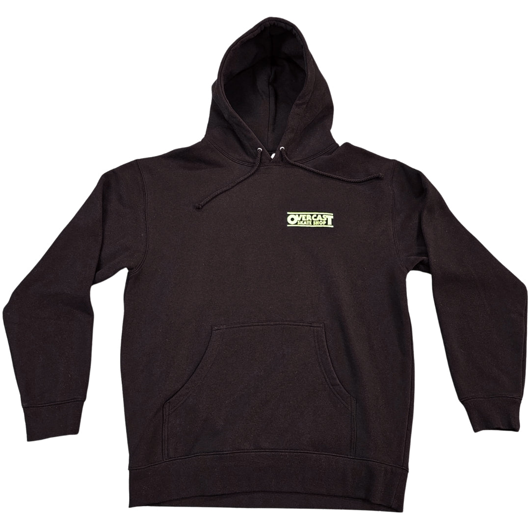 Black hoodie with a logo on the chest against a white background