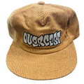 Brown corduroy cap with 'Duckcast' logo on a dark textured surface