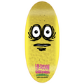 Yellow skateboard deck with a face design and 'Heroin Skateboards' branding on a white background
