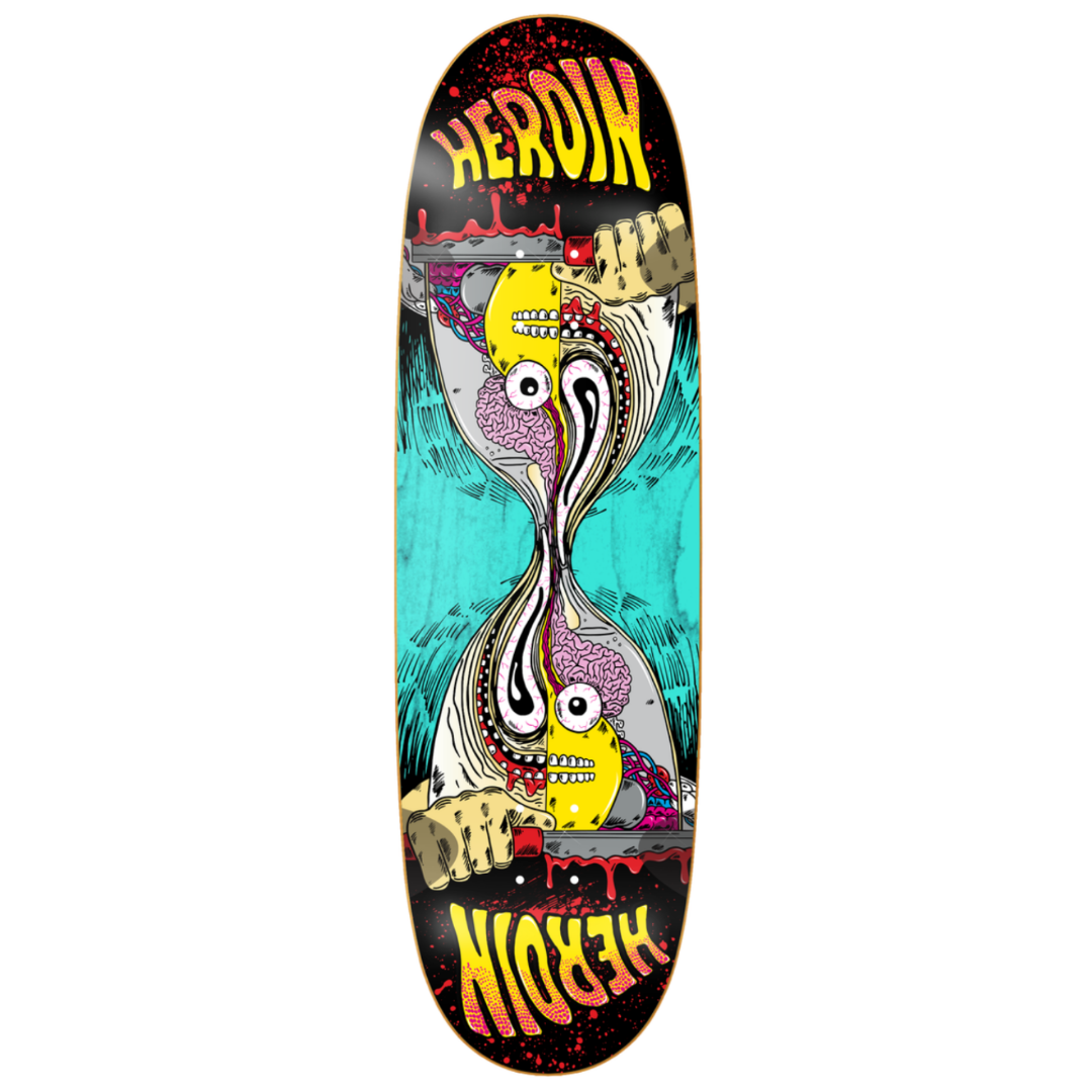 Skateboard deck with colorful design and 'Heroin' text on a white background