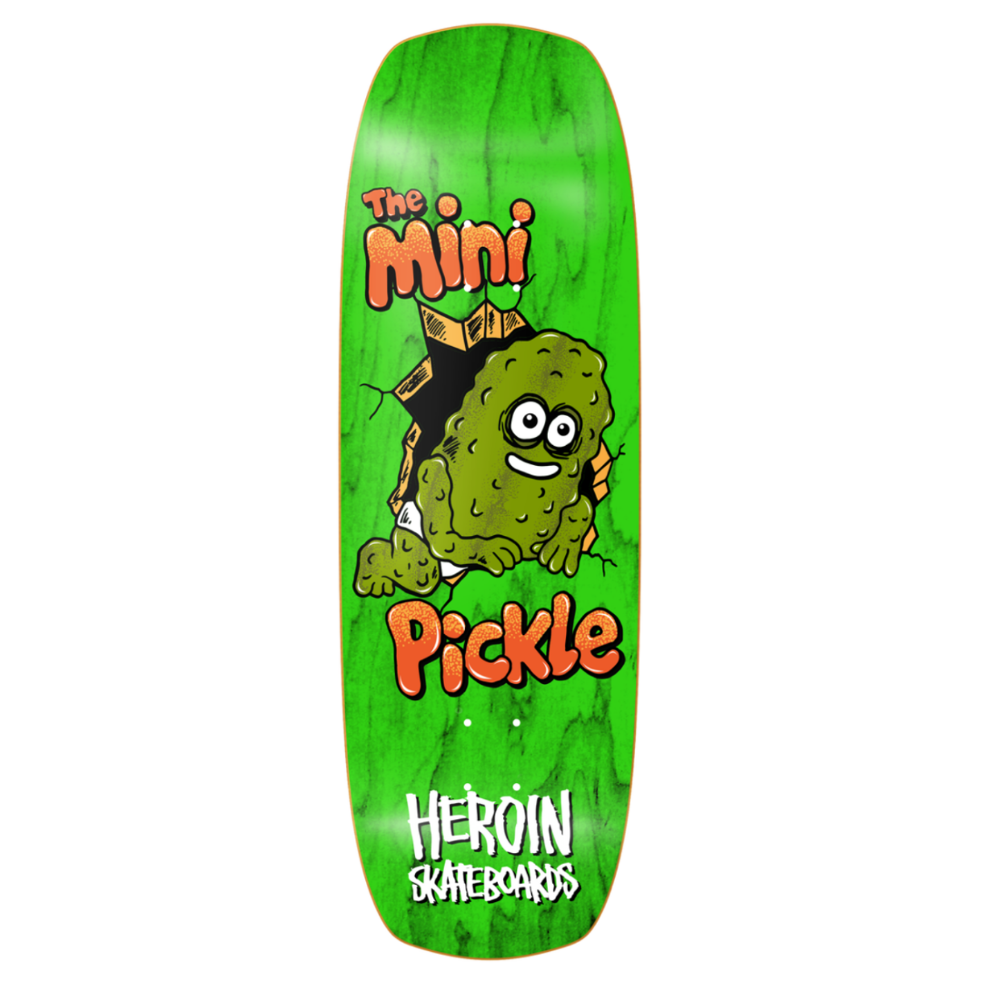 Green skateboard deck with a pickle graphic and 'Heroin Skateboards' branding on a white background