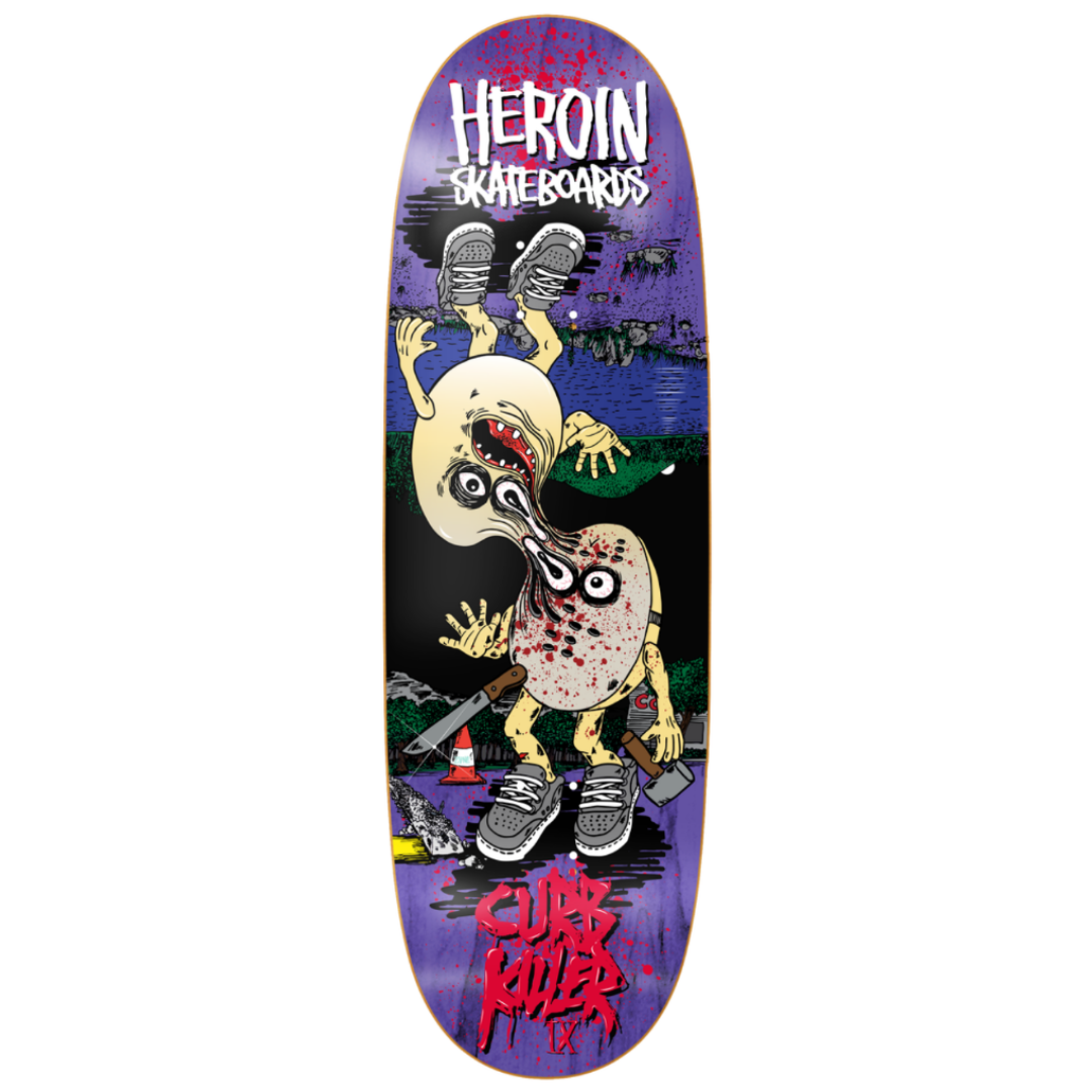 Skateboard deck with a graphic design featuring a creature and text on a purple background