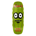 Green pickle-shaped skateboard deck with cartoon face and 'Heroin Skateboards' branding on a white background