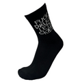 Black sock with white text on a white background