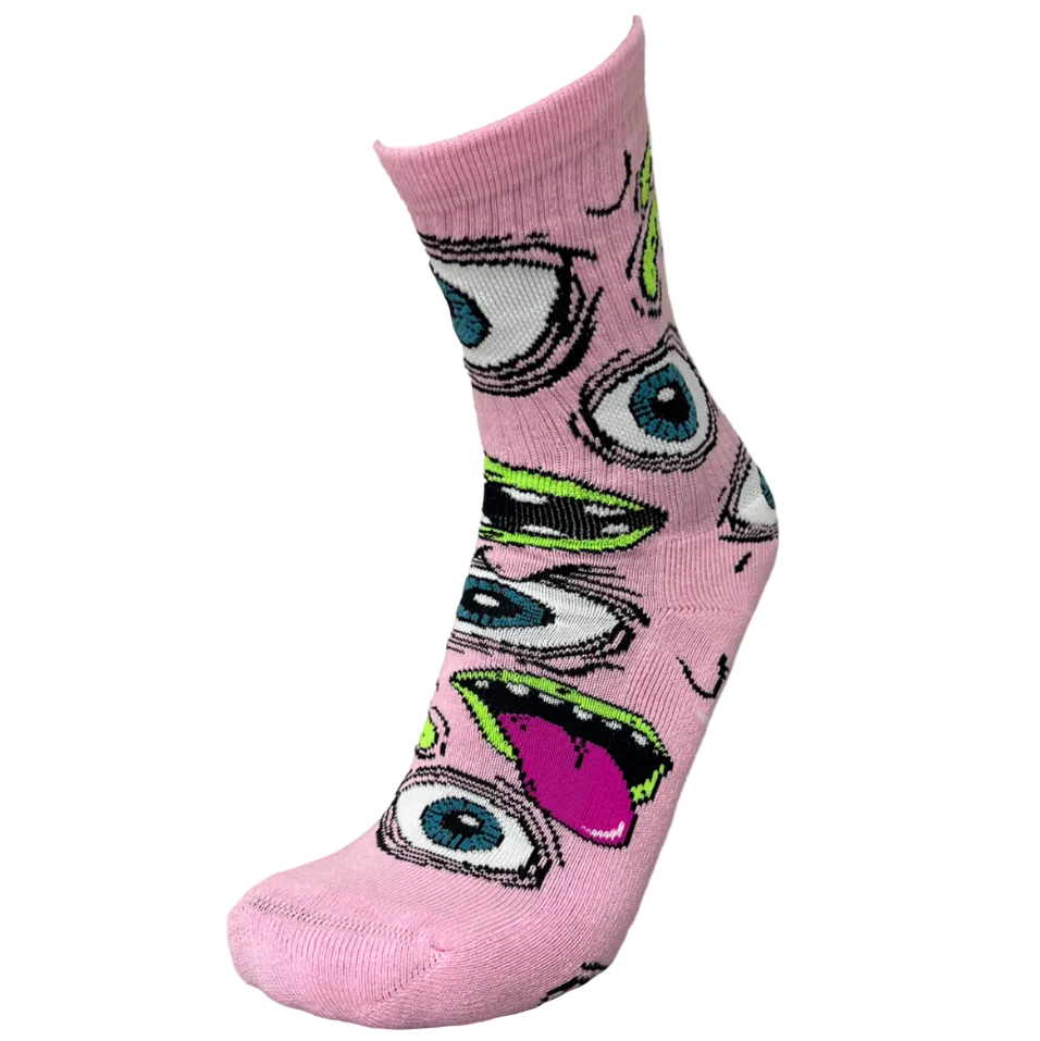 Pink sock with eye designs on a white background