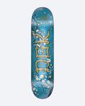 Skateboard deck with floral design and brand logo on a blue background