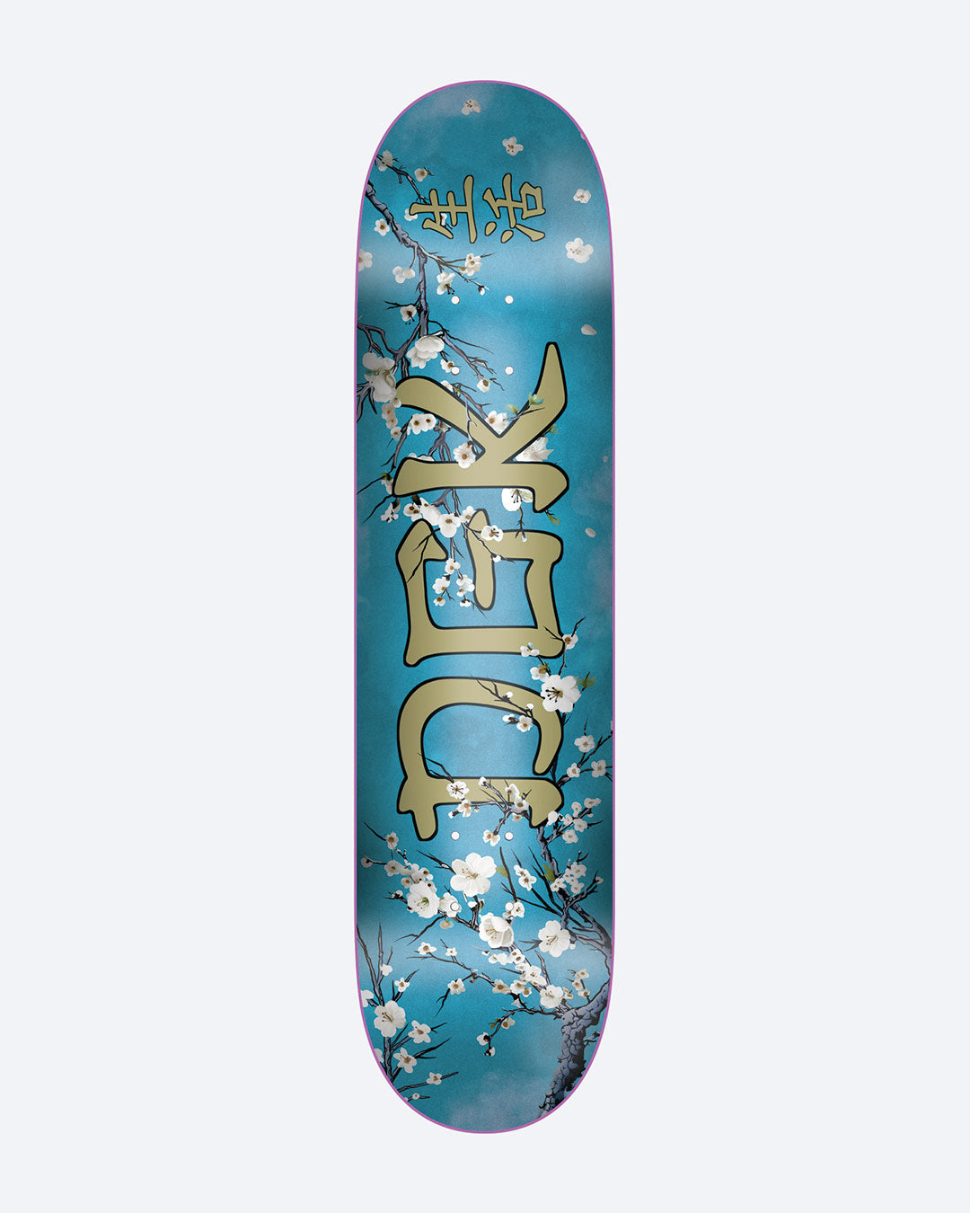 Skateboard deck with floral design and brand logo on a blue background