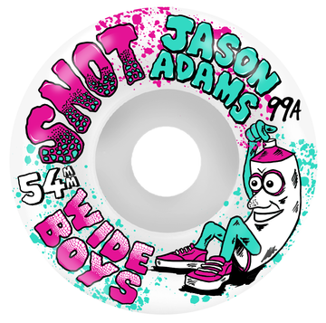 Skateboard wheel with colorful graphics and text, featuring 'Jason Adams' and '54mm wide Boys'.