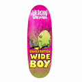 Skateboard deck with a colorful design featuring text and graphics on a white background