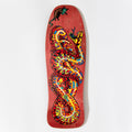 Skateboard deck with a colorful snake design on a red background