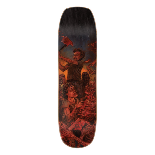 Skateboard deck with artistic design on a white background