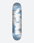Skateboard deck with a blue and white design on a white background
