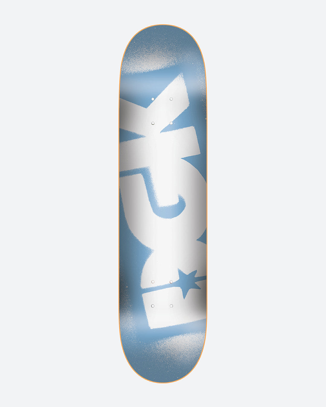 Skateboard deck with a blue and white design on a white background