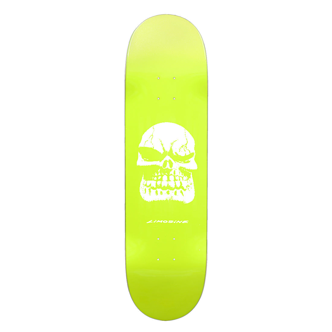 A lime green skateboard deck featuring a large white skull graphic in the center and the brand name 'LIMOSINE' printed below it, shown against a plain white background.