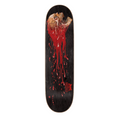 Skateboard deck with a graphic design of a face with red liquid on a black background