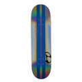 A skateboard deck shown vertically against a solid white background, featuring a vibrant holographic rainbow pattern with vertical stripes of blue, purple, pink, and gold, and a black graphic logo near the bottom.