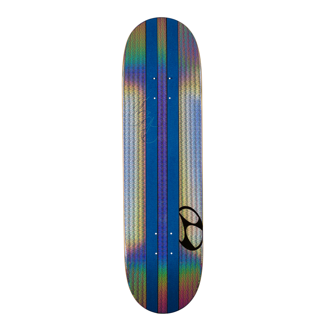 A skateboard deck shown vertically against a solid white background, featuring a vibrant holographic rainbow pattern with vertical stripes of blue, purple, pink, and gold, and a black graphic logo near the bottom.