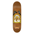 Skateboard deck with a colorful design featuring a skull and people, on a white background.