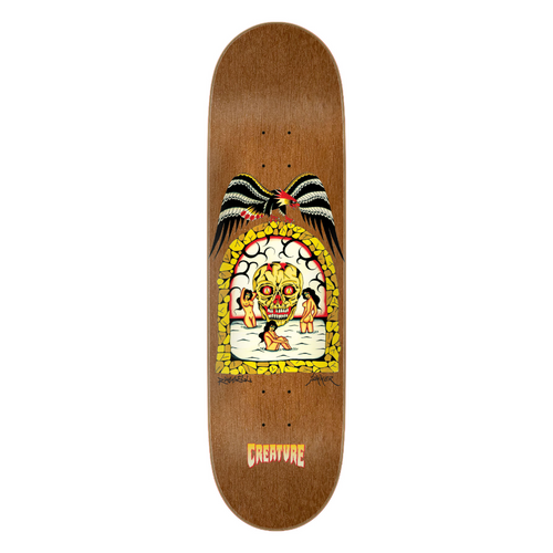 Skateboard deck with a colorful design featuring a skull and people, on a white background.