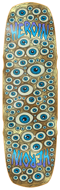 Skateboard deck with eye pattern and 'HEROIN' text