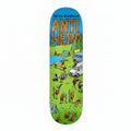 A skateboard deck featuring the 'Anti Hero' comic art with a blue sky background and a detailed cartoon campsite scene below.