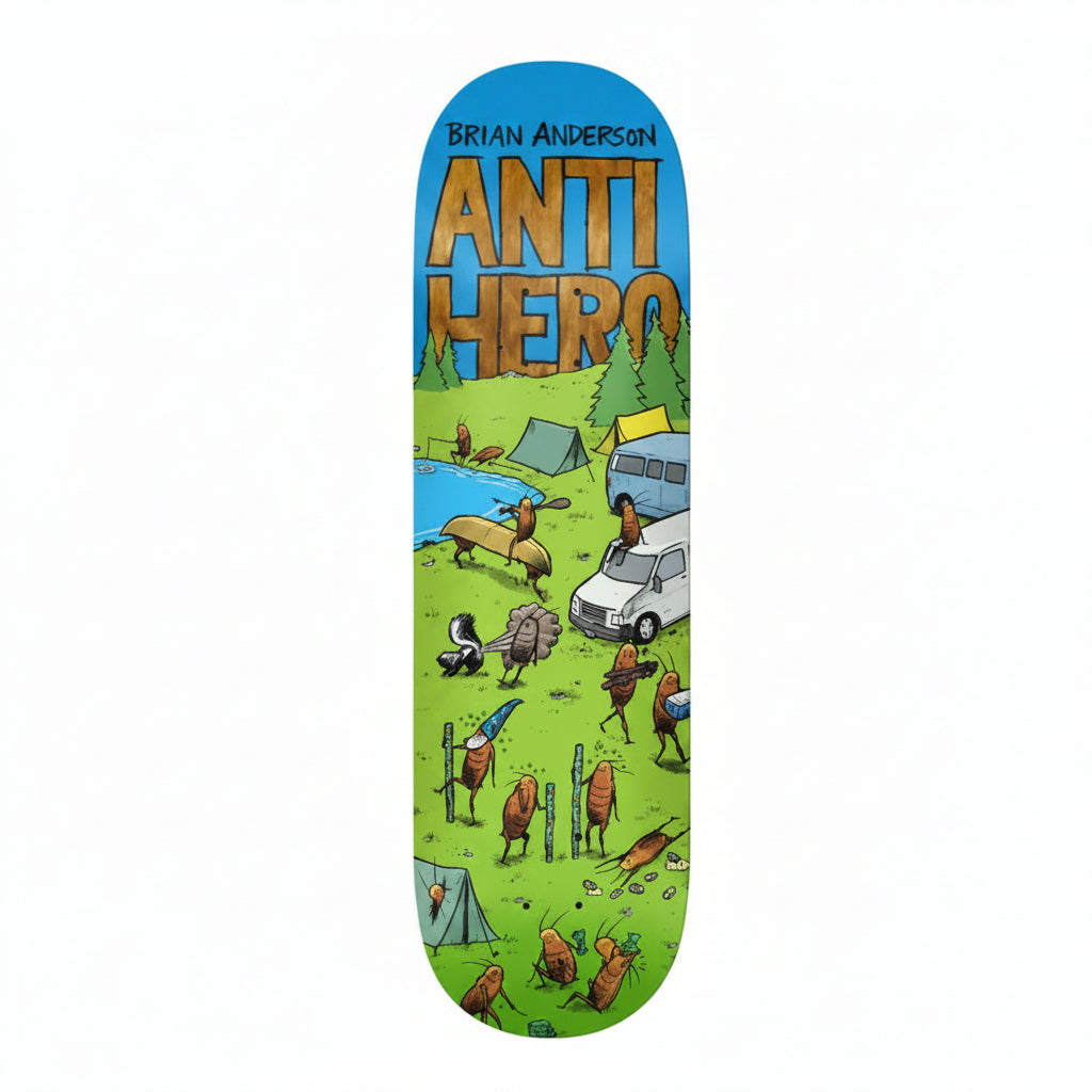 A skateboard deck featuring the 'Anti Hero' comic art with a blue sky background and a detailed cartoon campsite scene below.