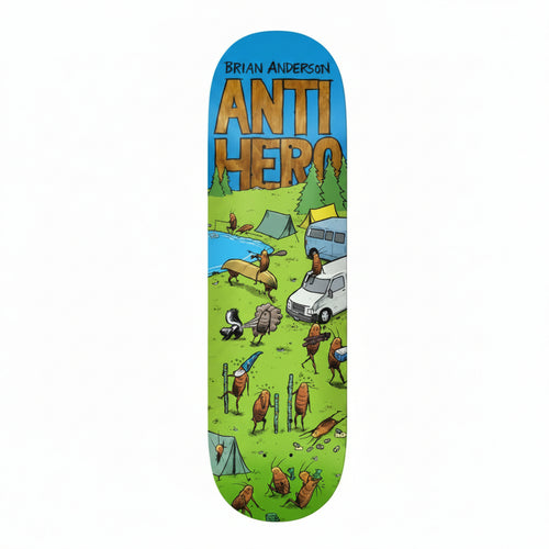 A skateboard deck featuring the 'Anti Hero' comic art with a blue sky background and a detailed cartoon campsite scene below.