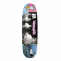 A skateboard deck featuring a colorful graphic design with a cartoon character in a yellow helmet, a black-and-white photo collage of people, pink 'Hoodbirds' lettering, and a blue-toned skate scene at the bottom.